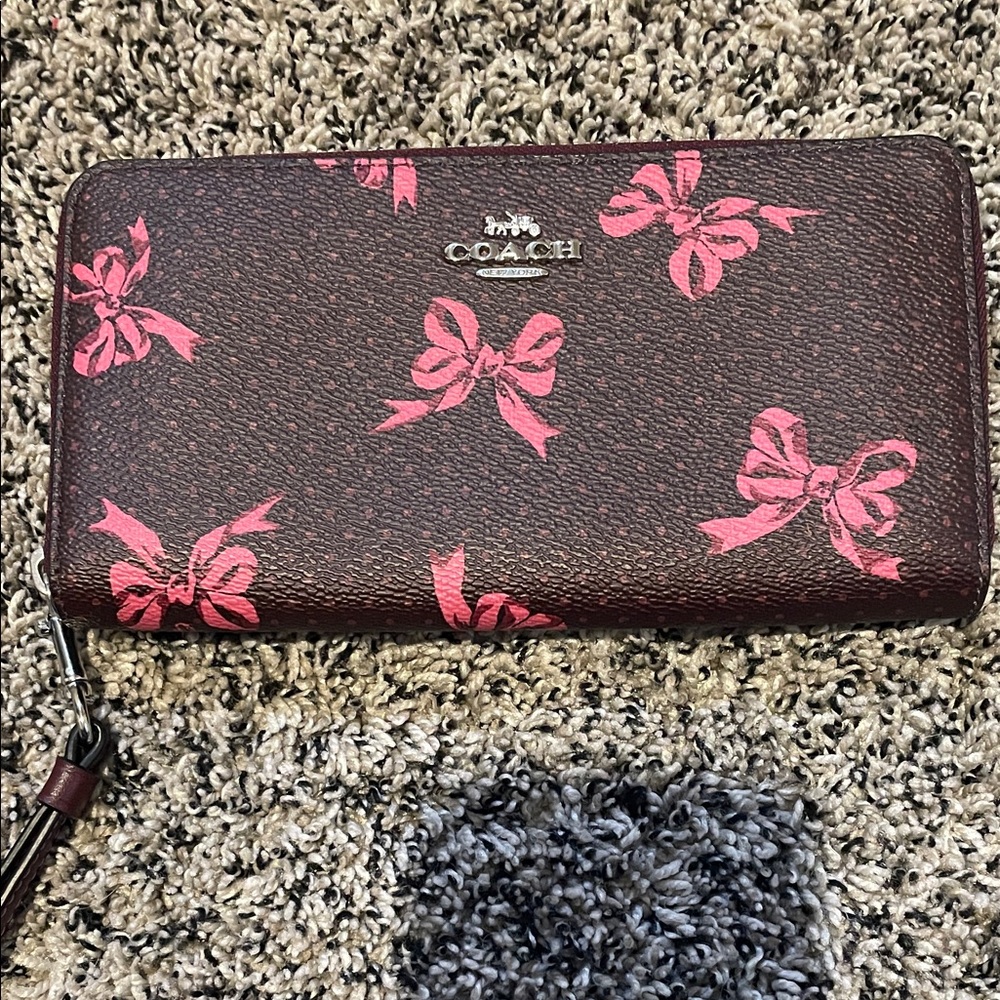 Coach Brown Wallet with Pink Bow Accents